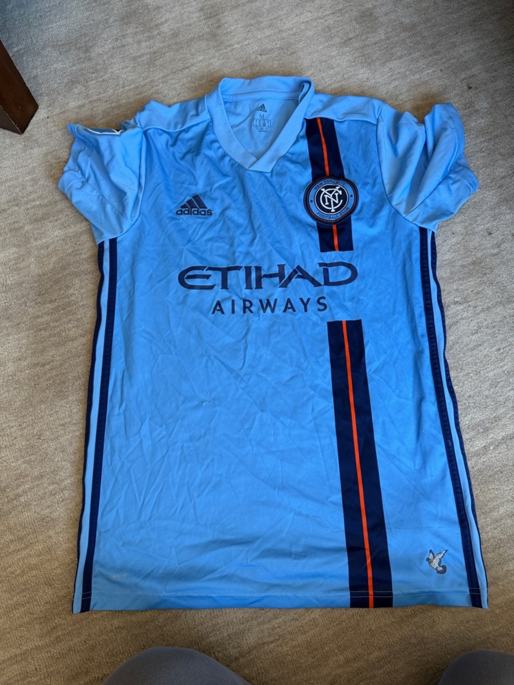 adidas Light Blue NYCFC Soccer Jersey with Navy & Orange Stripes